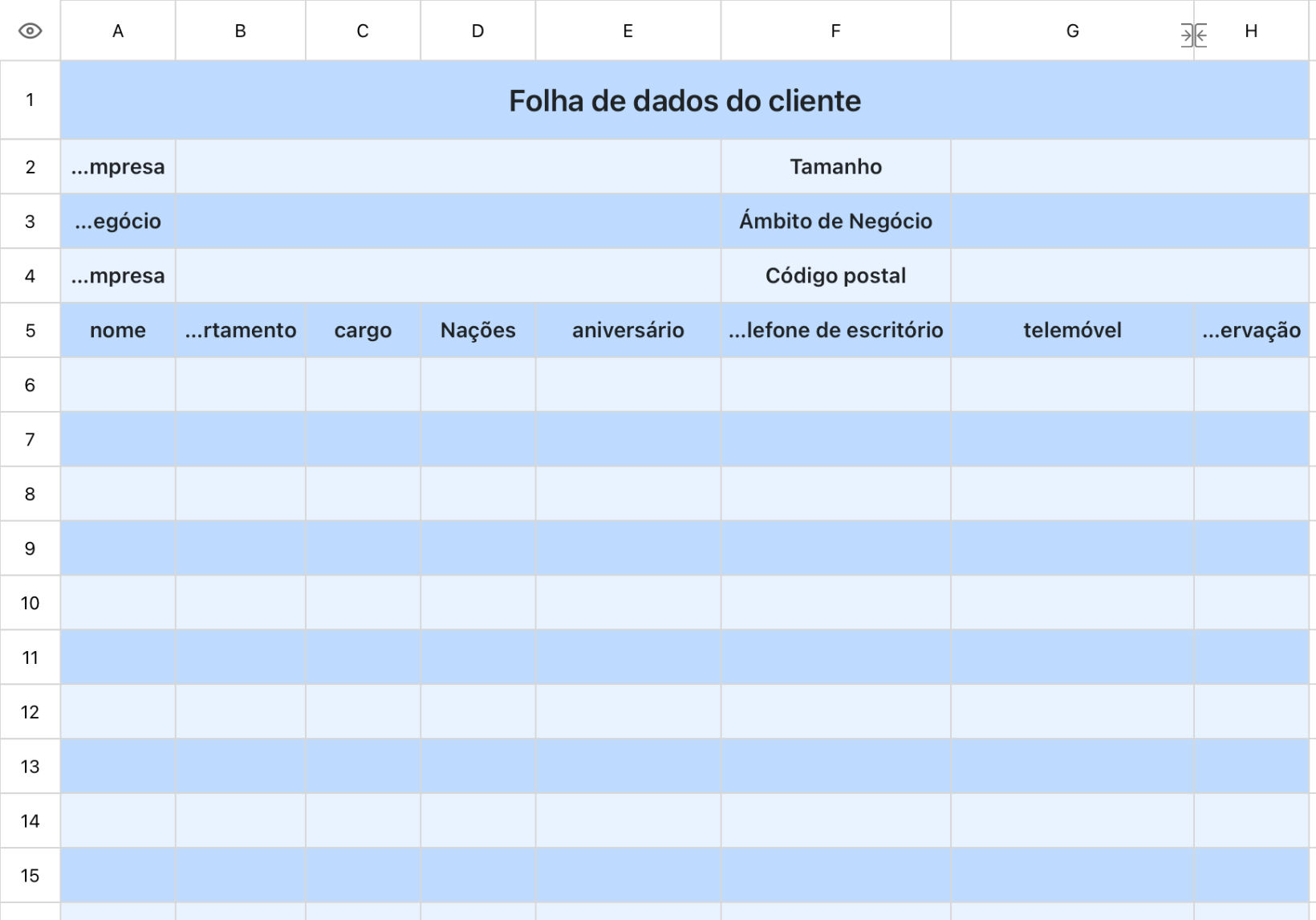 Folha de dados do cliente